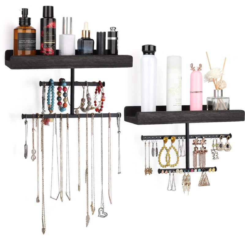 Keebofly Hanging Wall Mounted Jewelry Organizer with Rustic Wood Jewelry Holder Display for Necklaces Bracelet Earrings Ring Set of 2 Black,[Patented] - Image 1